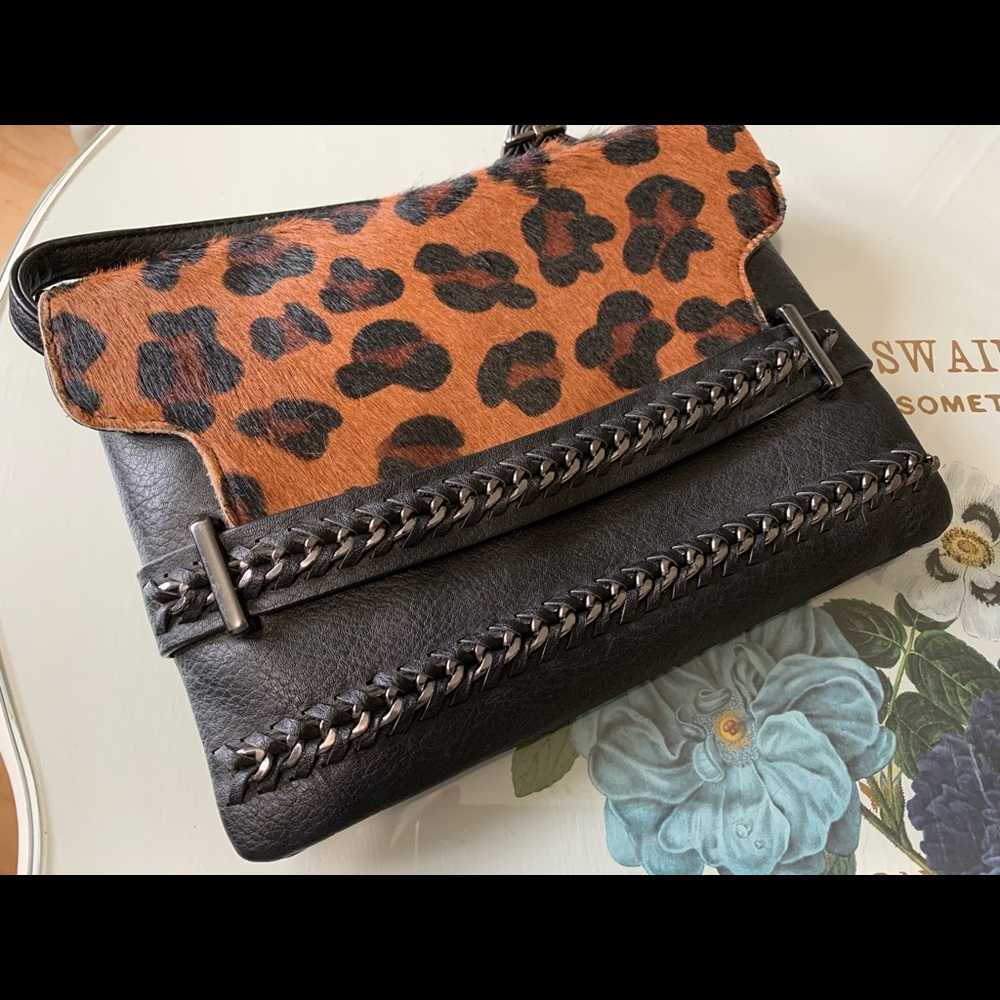 Sondra Roberts Leopard Print and Chain Crossbody Purse